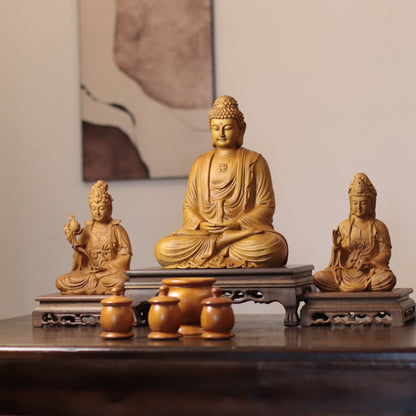 Amitabha, Guanyin & Mahasthamaprapta Cypress Statue Set