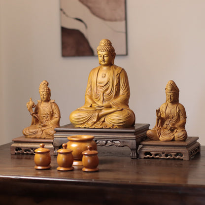 Amitabha, Guanyin & Mahasthamaprapta Cypress Statue Set