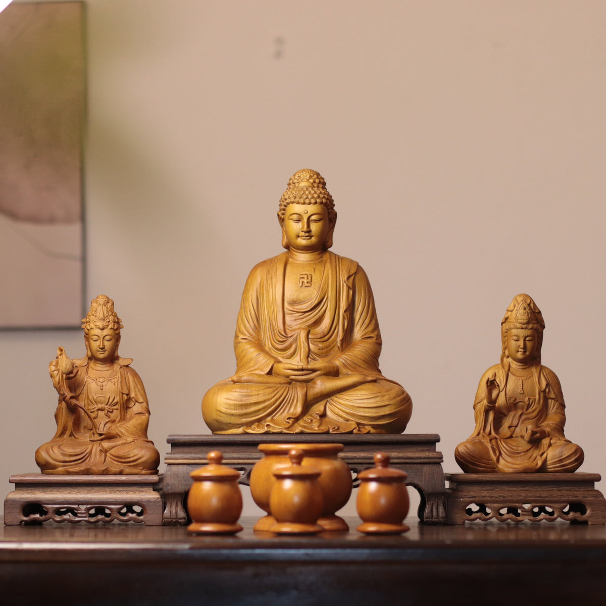Amitabha, Guanyin & Mahasthamaprapta Cypress Statue Set