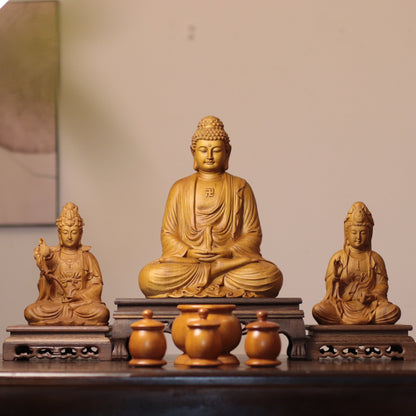 Amitabha, Guanyin & Mahasthamaprapta Cypress Statue Set