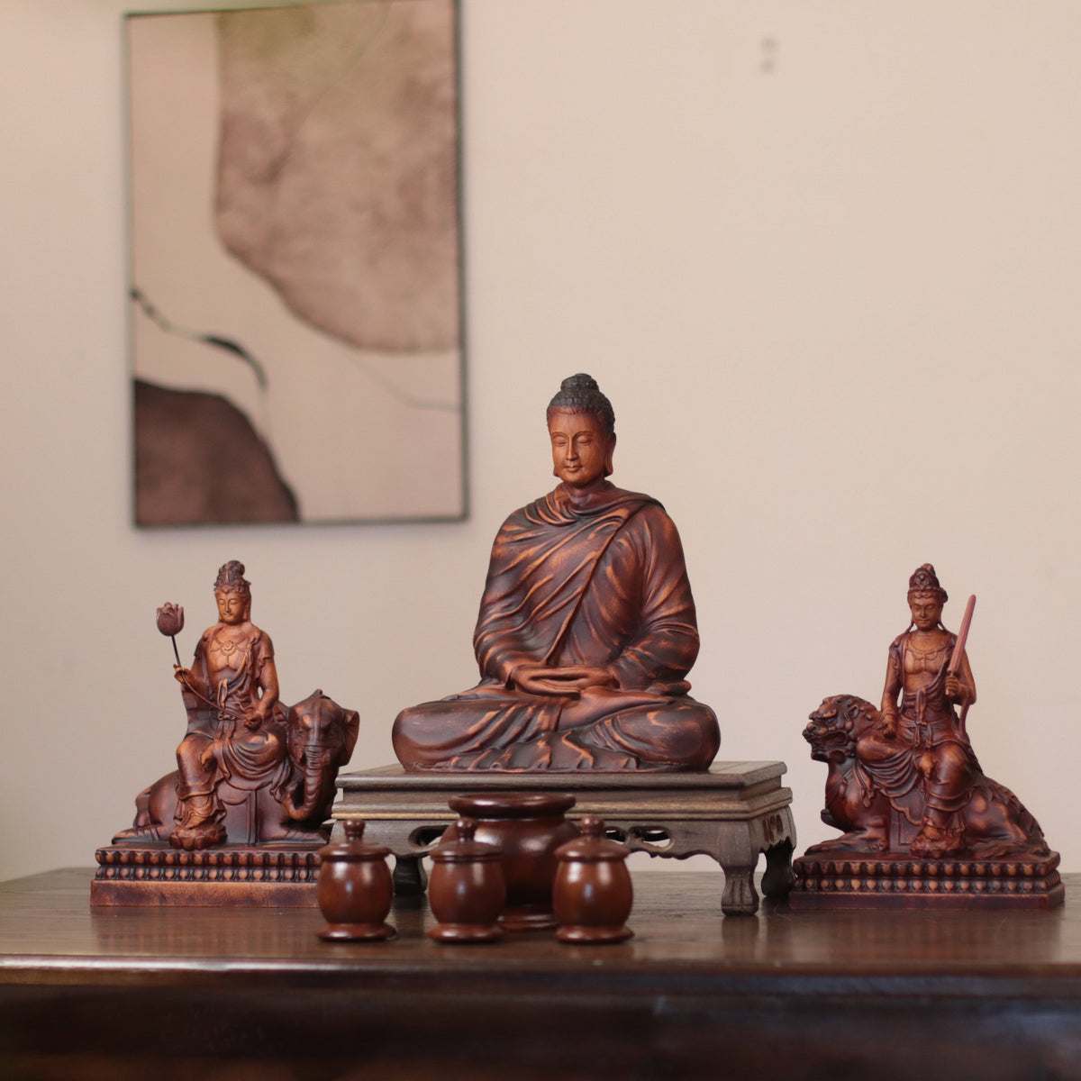 Shakyamuni, Manjushri & Samantabhadra Wood Statue Set