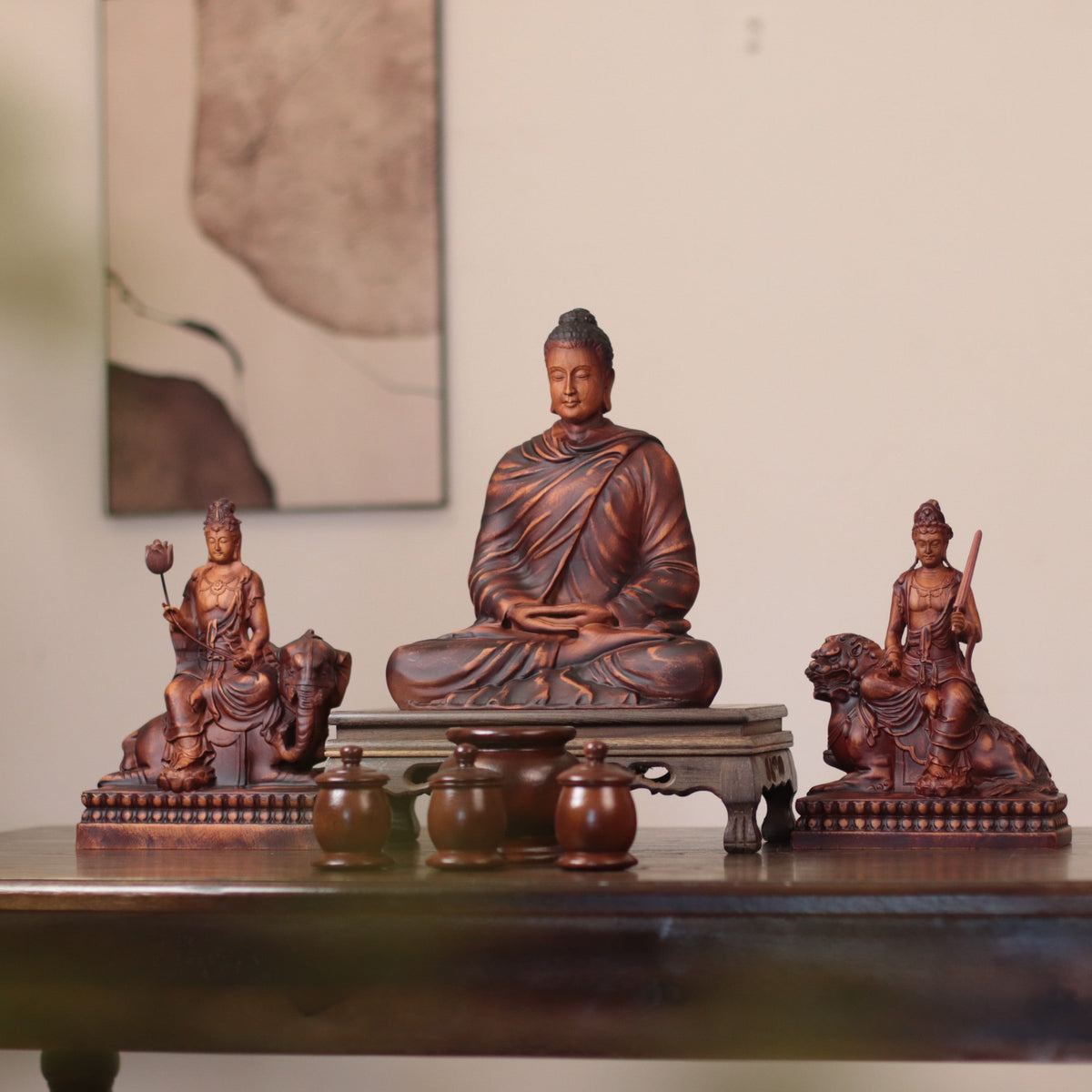Shakyamuni, Manjushri & Samantabhadra Wood Statue Set