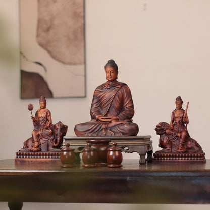 Shakyamuni, Manjushri & Samantabhadra Wood Statue Set
