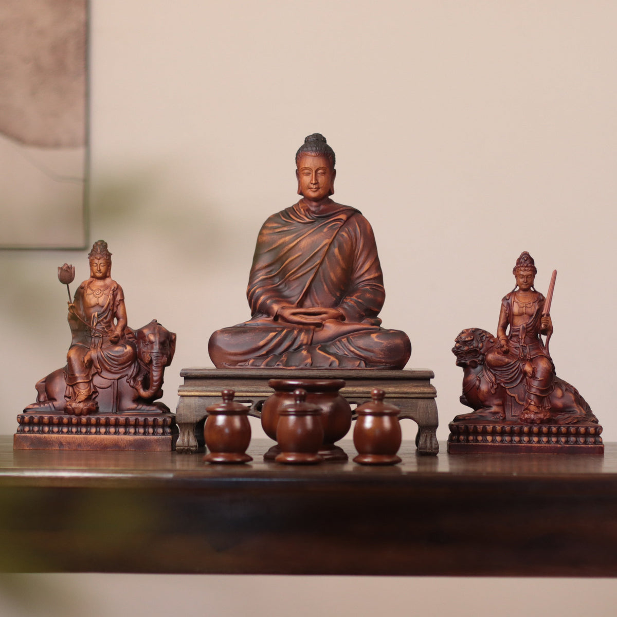 Shakyamuni, Manjushri & Samantabhadra Wood Statue Set