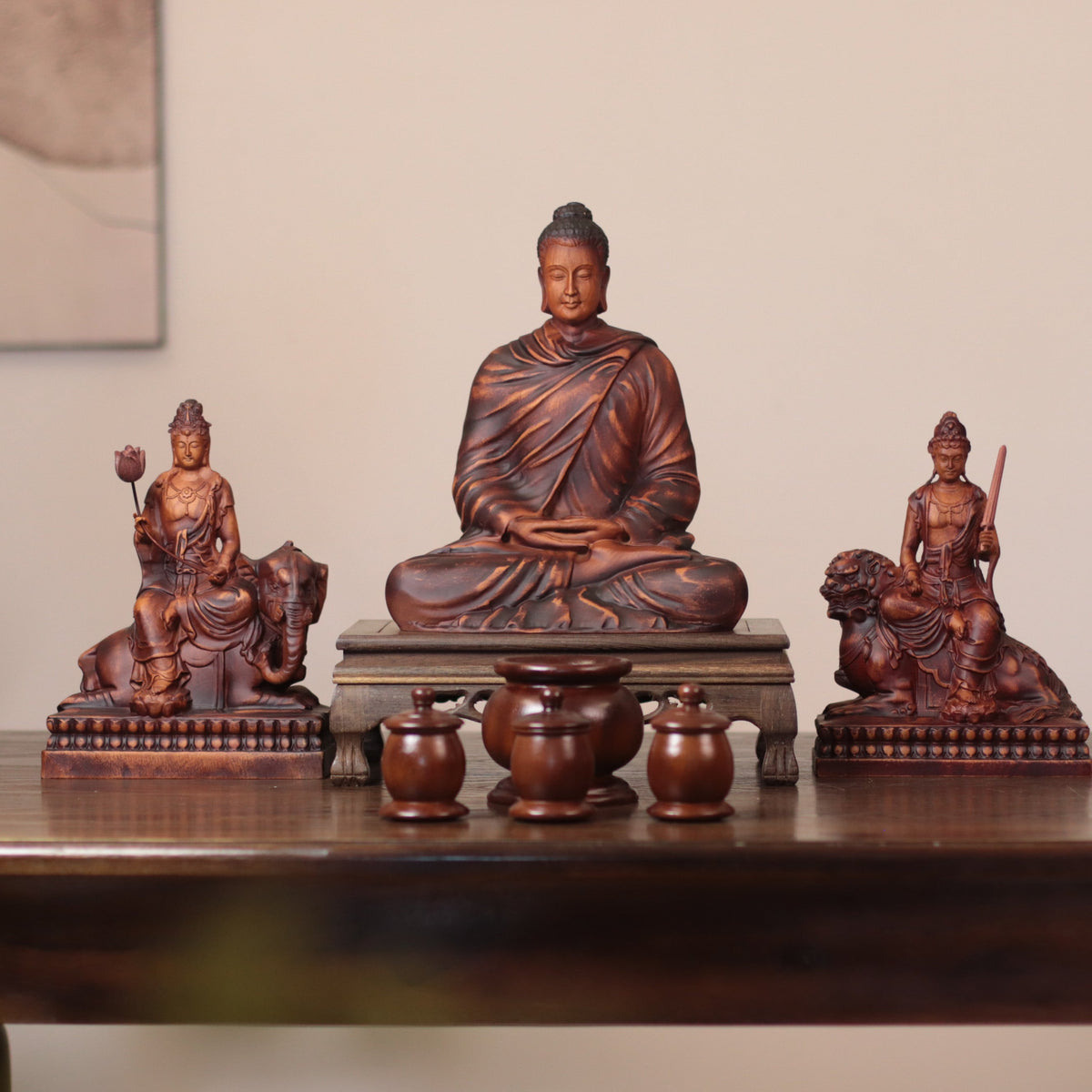 Shakyamuni, Manjushri & Samantabhadra Wood Statue Set