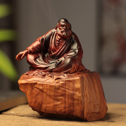 Bodhidharma on Rock Seat in Padauk Wood