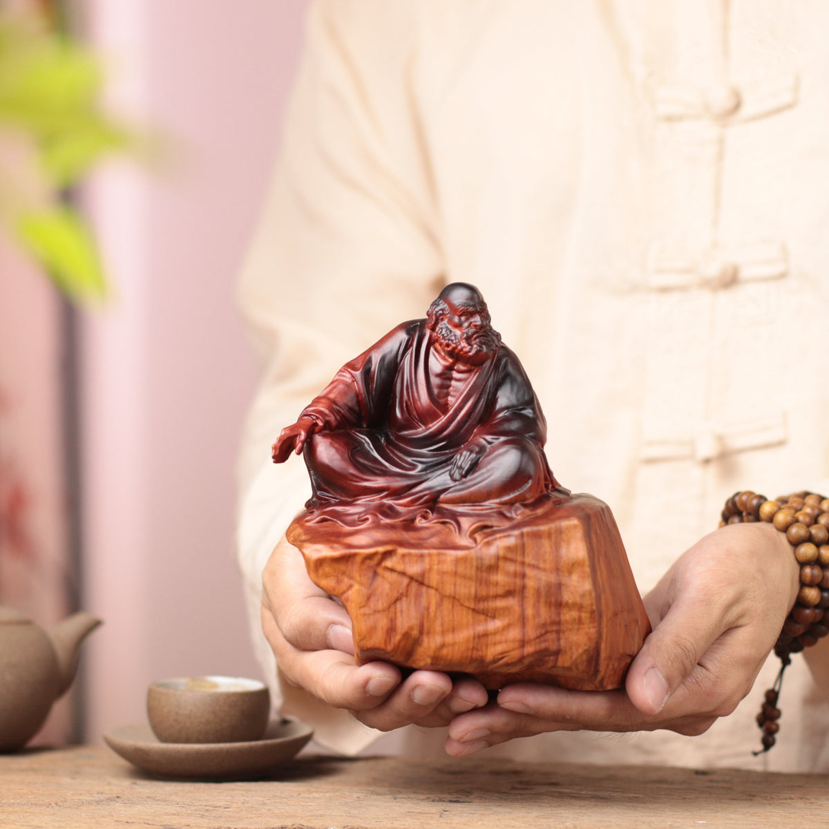 Bodhidharma on Rock Seat in Padauk Wood