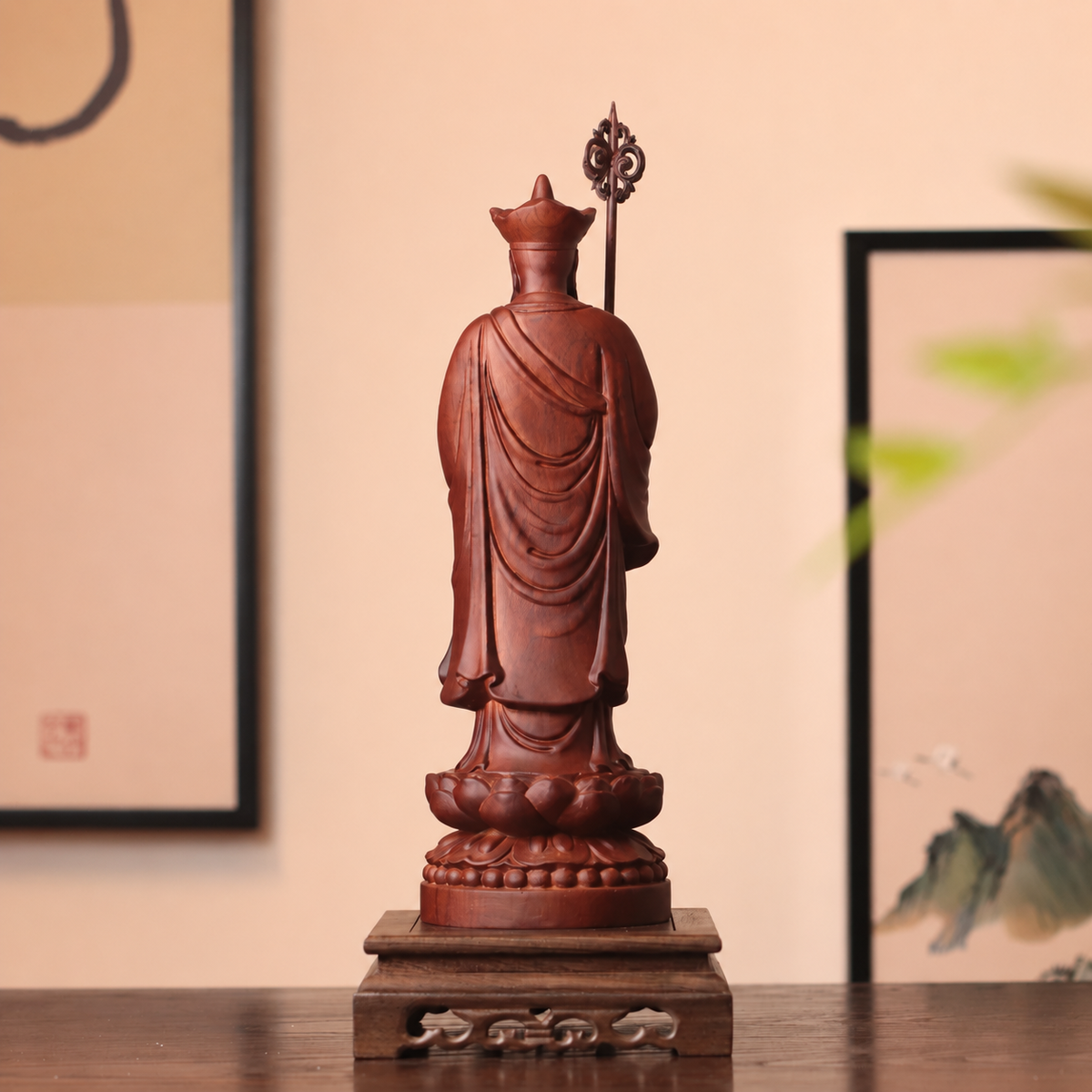 Standing Kshitigarbha Statue in Padauk Wood