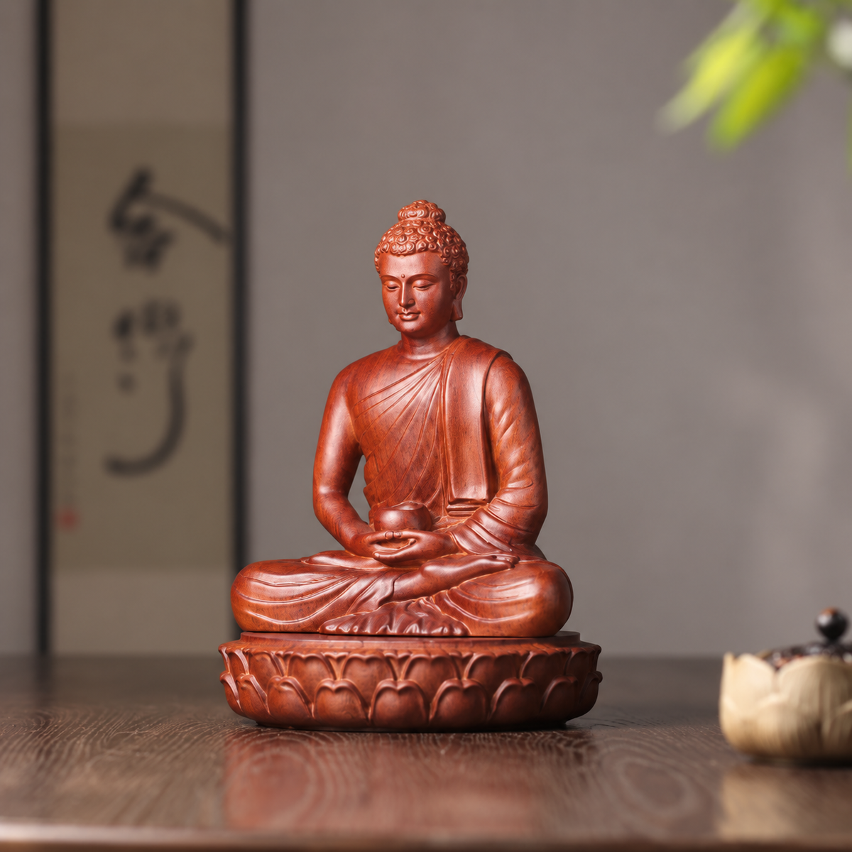 Buddha with Alms Bowl & Lotus Base Option in Huali Wood
