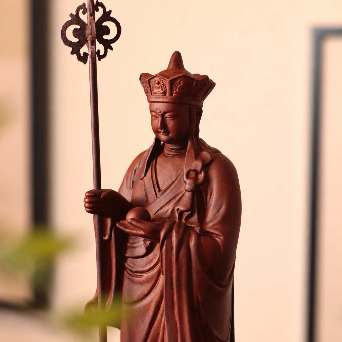 Standing Kshitigarbha Statue in Padauk Wood