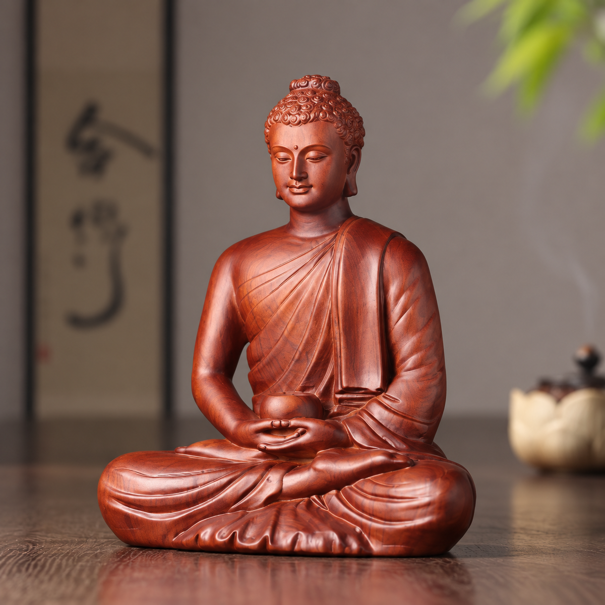 Buddha with Alms Bowl & Lotus Base Option in Huali Wood