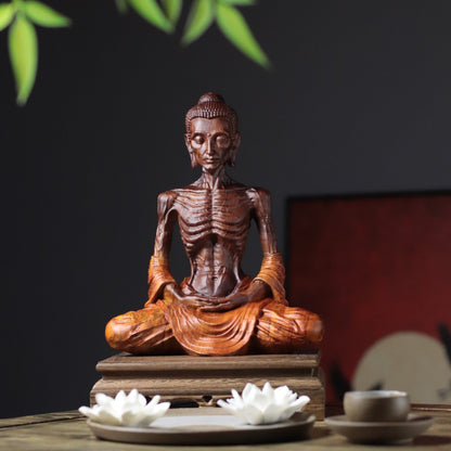 Detailed Fasting Buddha Statue in Padauk Wood