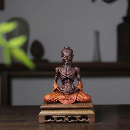 Detailed Fasting Buddha Statue in Padauk Wood