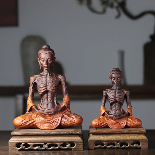 Detailed Fasting Buddha Statue in Padauk Wood
