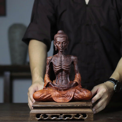Detailed Fasting Buddha Statue in Padauk Wood