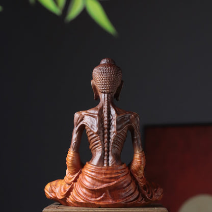 Detailed Fasting Buddha Statue in Padauk Wood