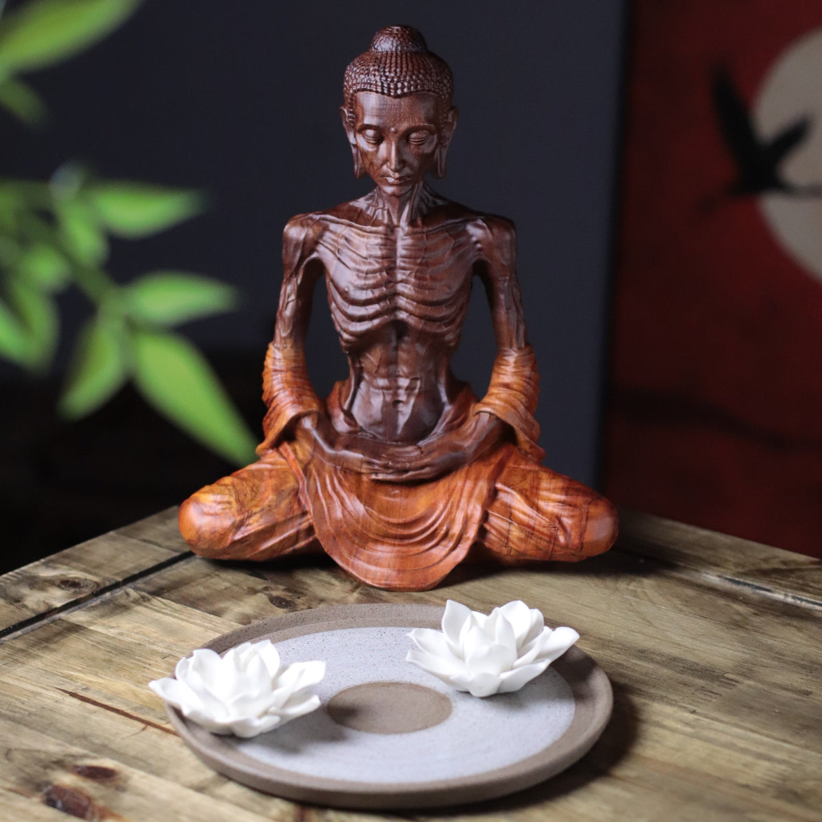 Detailed Fasting Buddha Statue in Padauk Wood