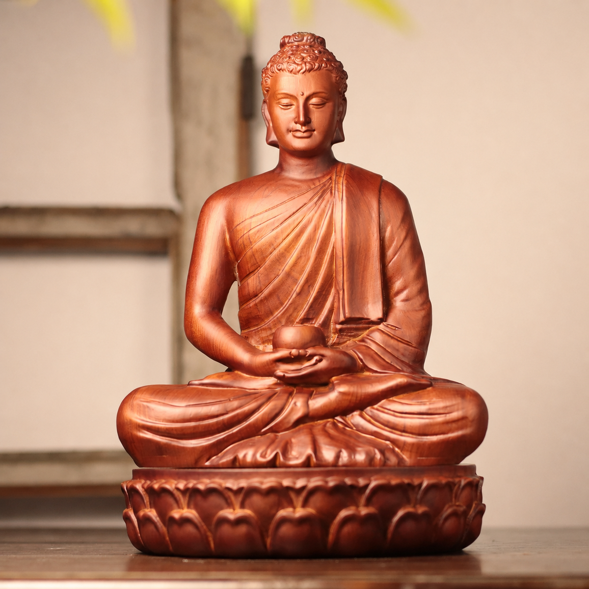 Buddha with Alms Bowl & Lotus Base Option in Huali Wood