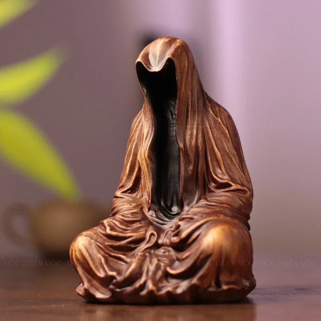 Faceless Meditating Monk Sculpture in Padauk Wood