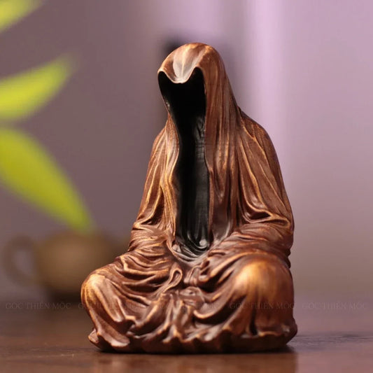 Faceless Meditating Monk Sculpture in Padauk Wood