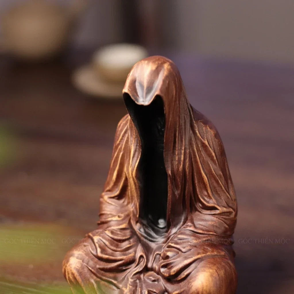 Faceless Meditating Monk Sculpture in Padauk Wood