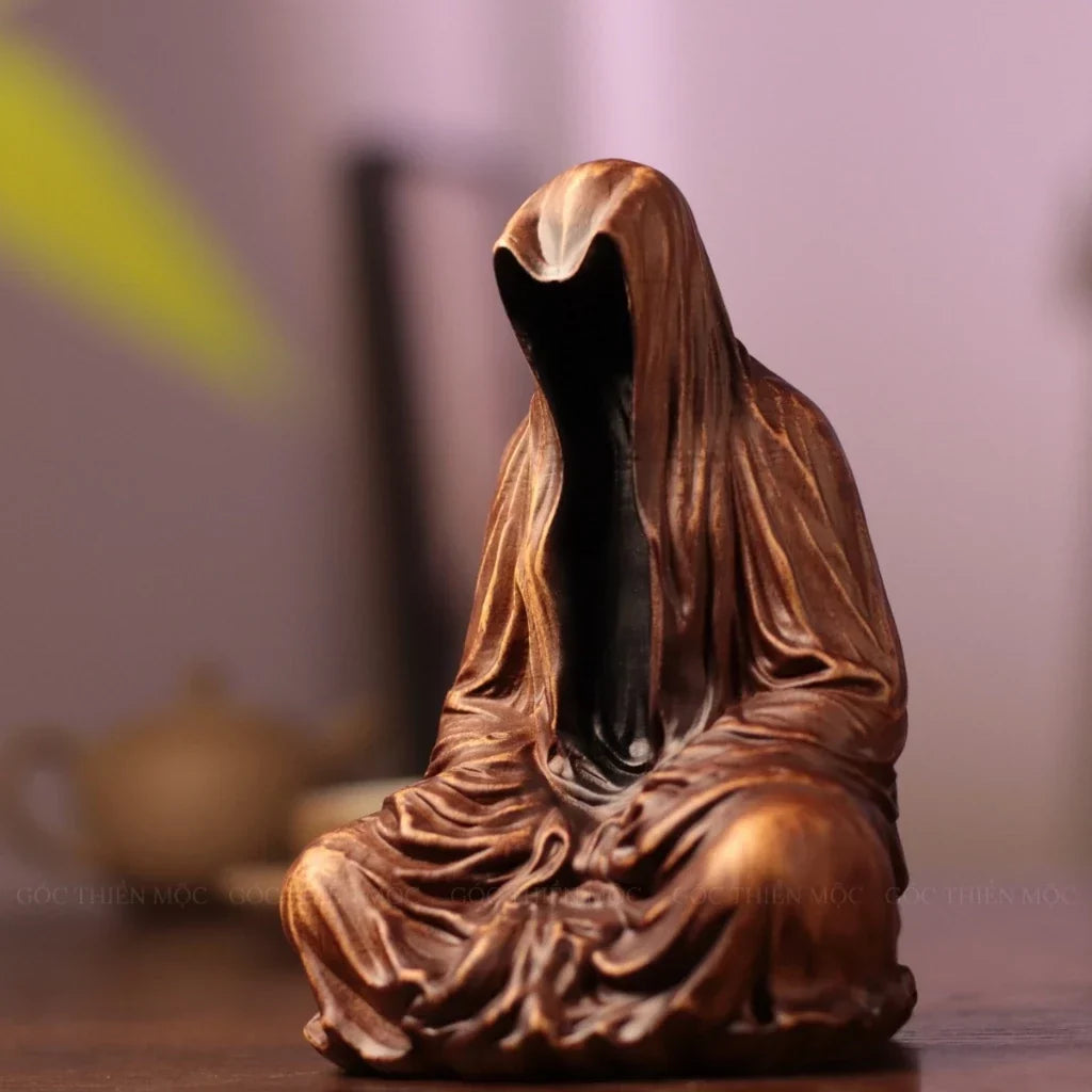 Faceless Meditating Monk Sculpture in Padauk Wood